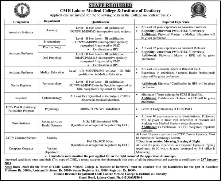 CMH Lahore Medical College and Institute of Dentistry Jobs 2023 Teaching Faculty & Others Latest