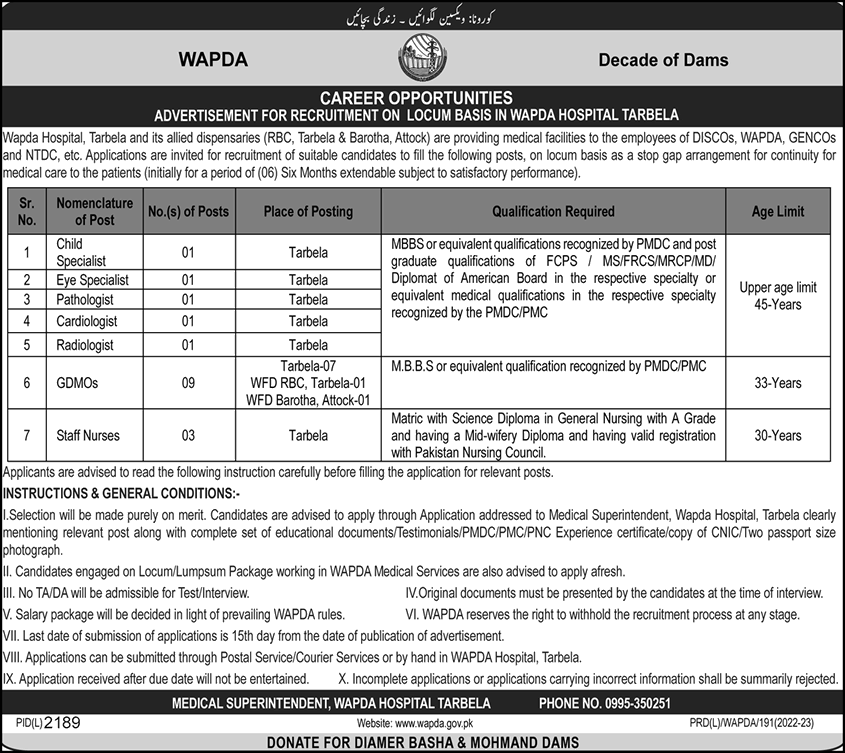 WAPDA Hospital Tarbela Jobs 2023 Medical Officers, Staff Nurses & Others Latest