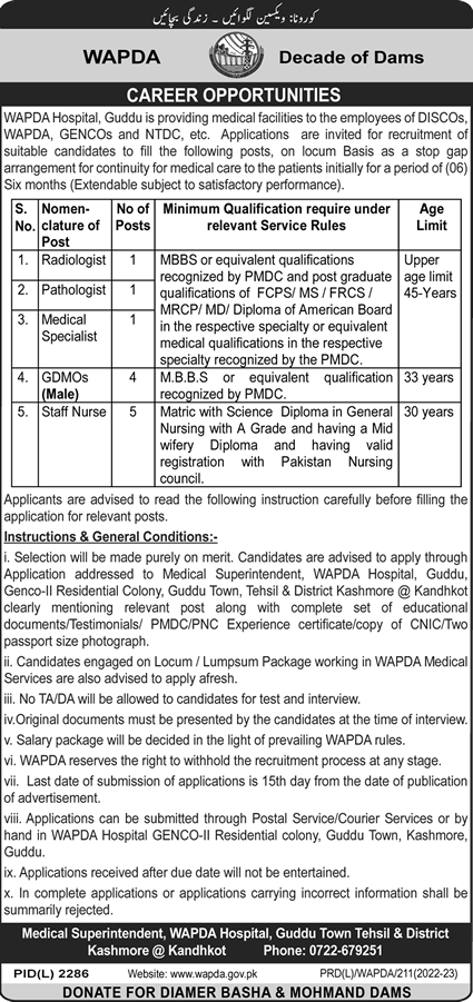 WAPDA Hospital Guddu Jobs 2023 February Kashmore Medical Officers, Nurses & Others Latest