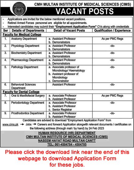 CMH Multan Institute of Medical Sciences Jobs 2023 February Application Form Teaching Faculty Latest