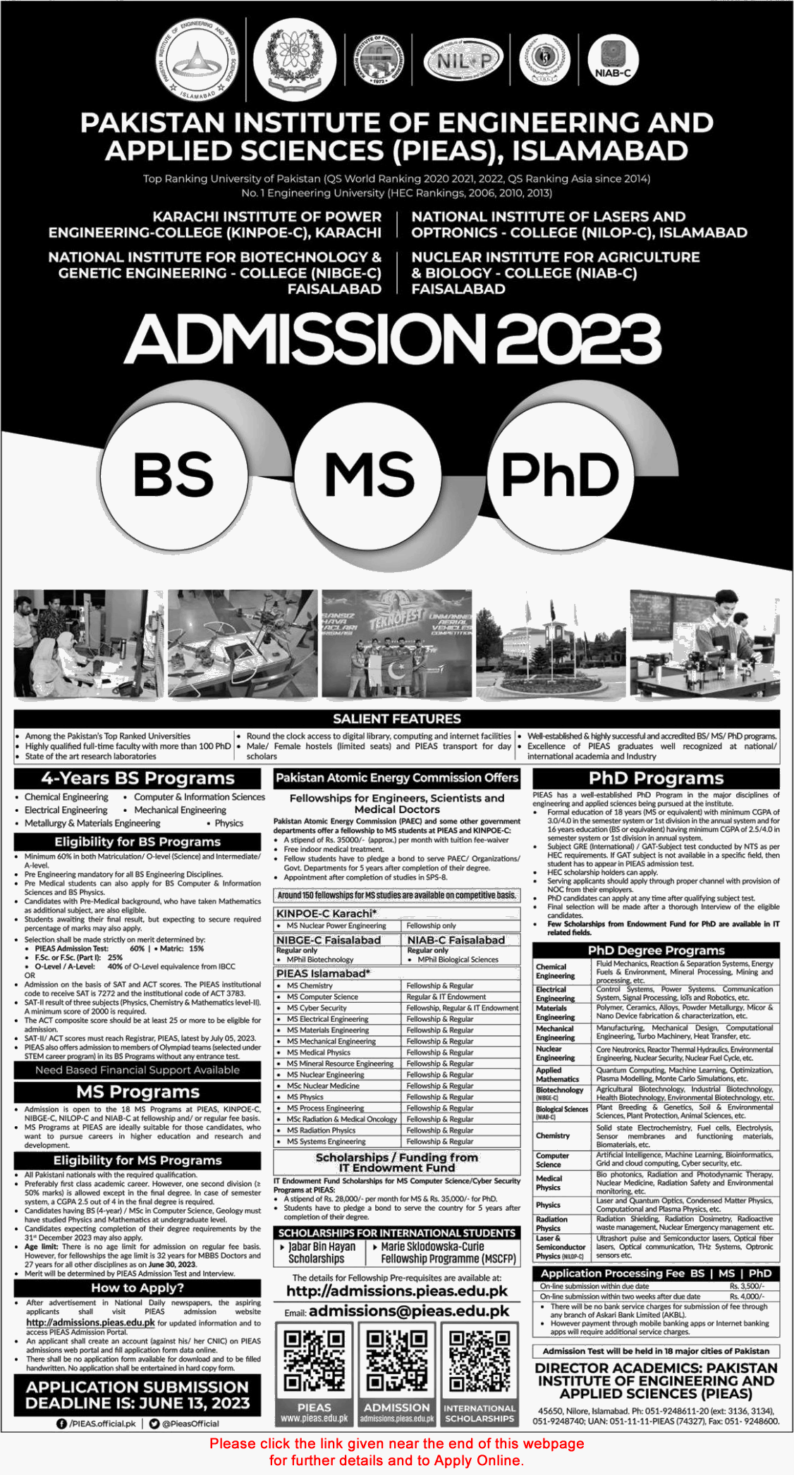 PIEAS Fellowships 2023 March MS / Postgraduate Programs for Engineers, Scientists & Doctors in PAEC KINPOE Apply Online Latest