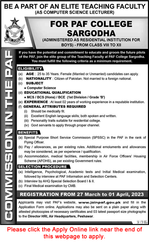 Lecturer Jobs in PAF College Sargodha 2023 March Online Apply Commission in the PAF Latest