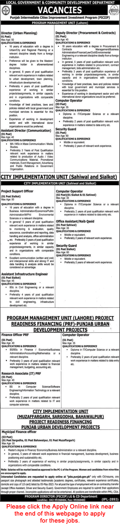 Local Government and Community Development Department Punjab Jobs 2023 April Apply Online PICIIP Latest