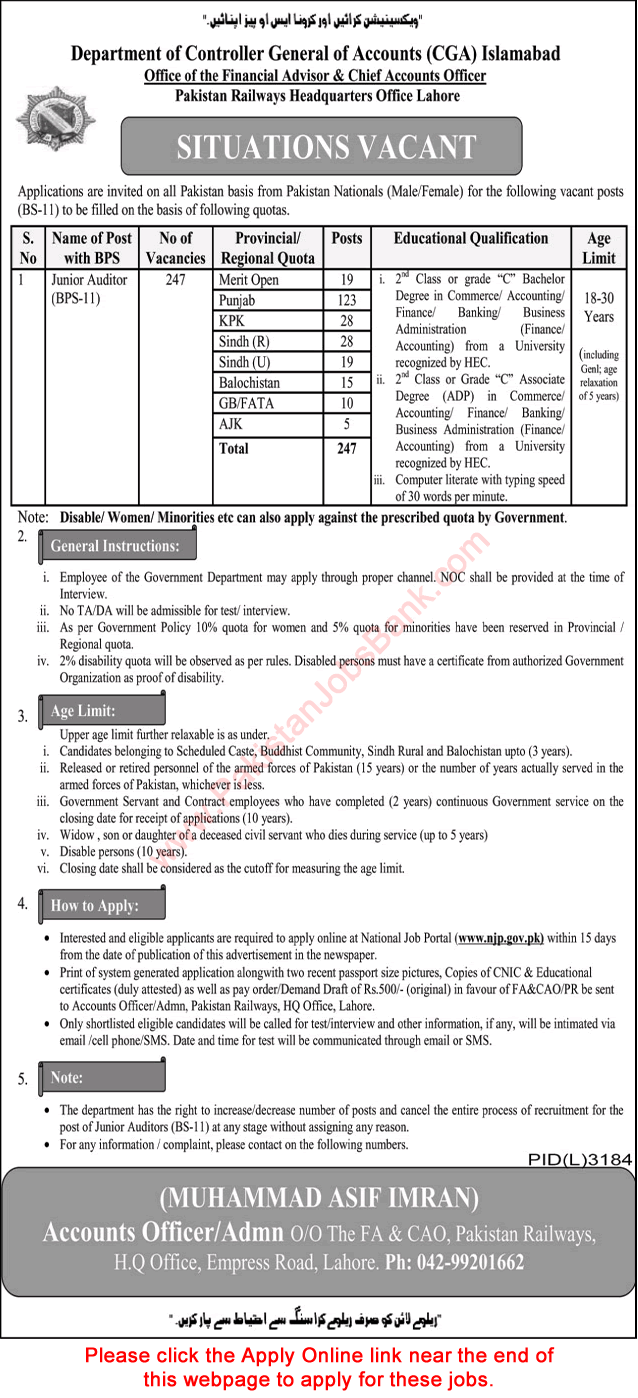Junior Auditor Jobs in Controller General of Accounts Pakistan 2023 May Apply Online Latest