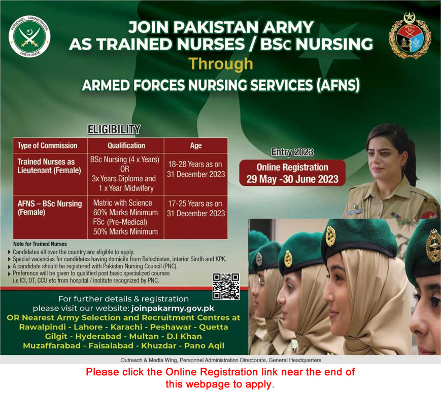 Join Pakistan Army as AFNS 2023 May / June Online Registration Armed Forces Nursing Service Latest