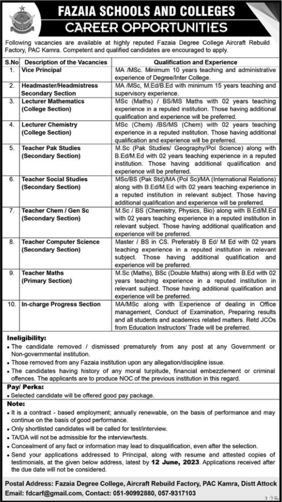 Fazaia Degree College Kamra Jobs 2023 June Teachers & Others Aircraft Rebuild Factory PAC Latest