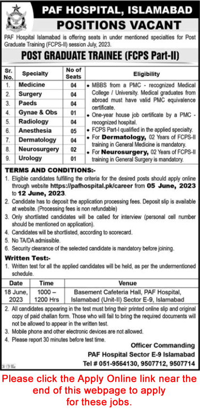 PAF Hospital Islamabad FCPS Postgraduate Training 2023 June Apply Online Latest