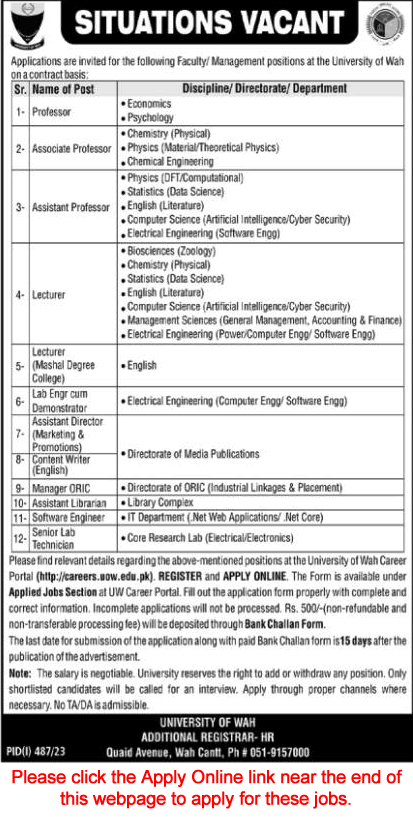 University of Wah Jobs 2023 July Apply Online Teaching Faculty & Others UOW Latest