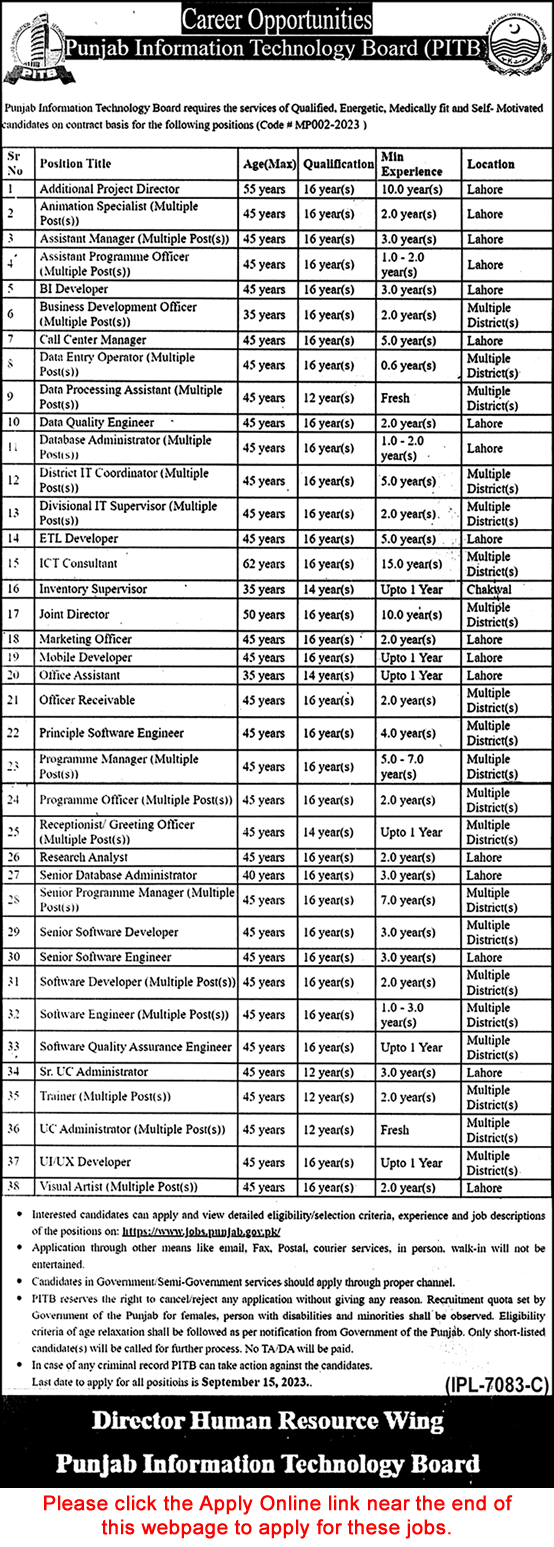 PITB Jobs September 2023 Apply Online Punjab Information Technology Board Latest