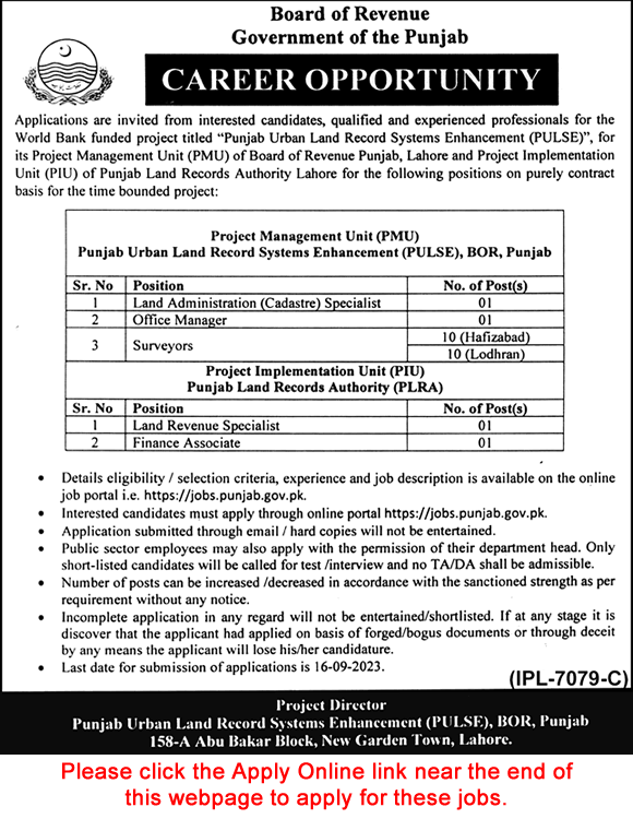 Board of Revenue Punjab Jobs September 2023 Online Apply Surveyors & Others Latest