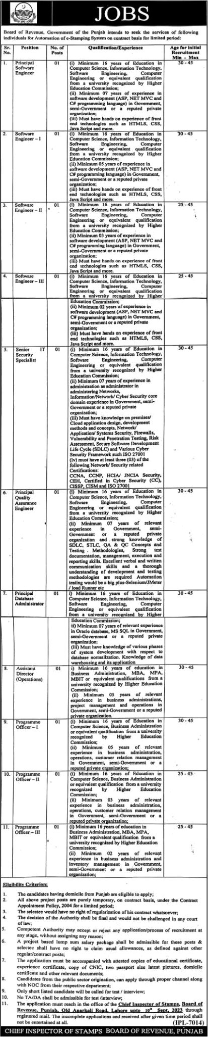 Board of Revenue Punjab Jobs September 2023 Software Engineers, Programme Officers & Others Latest