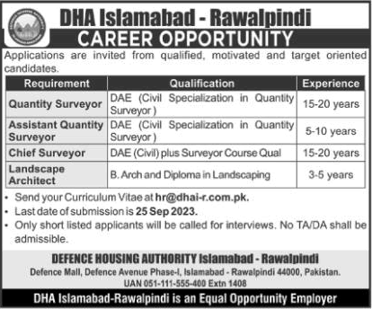 DHA Islamabad / Rawalpindi Jobs September 2023 Quantity Surveyor & Architect Latest