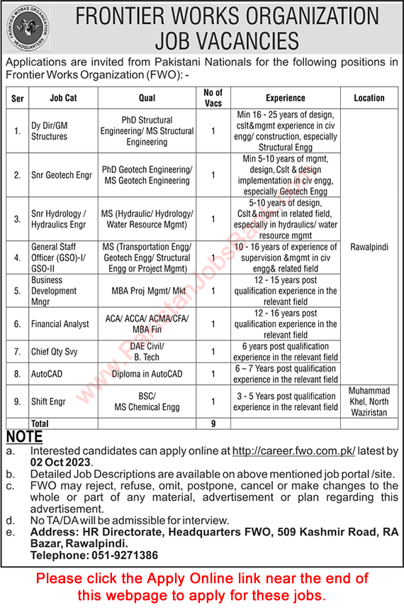 FWO Jobs September 2023 Apply Online Shift Engineer, Auto CAD Operator & Others Latest