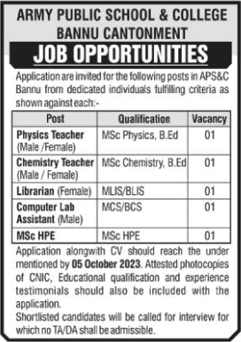 Army Public School and College Bannu Cantt Jobs 2023 October Teachers & Others Latest