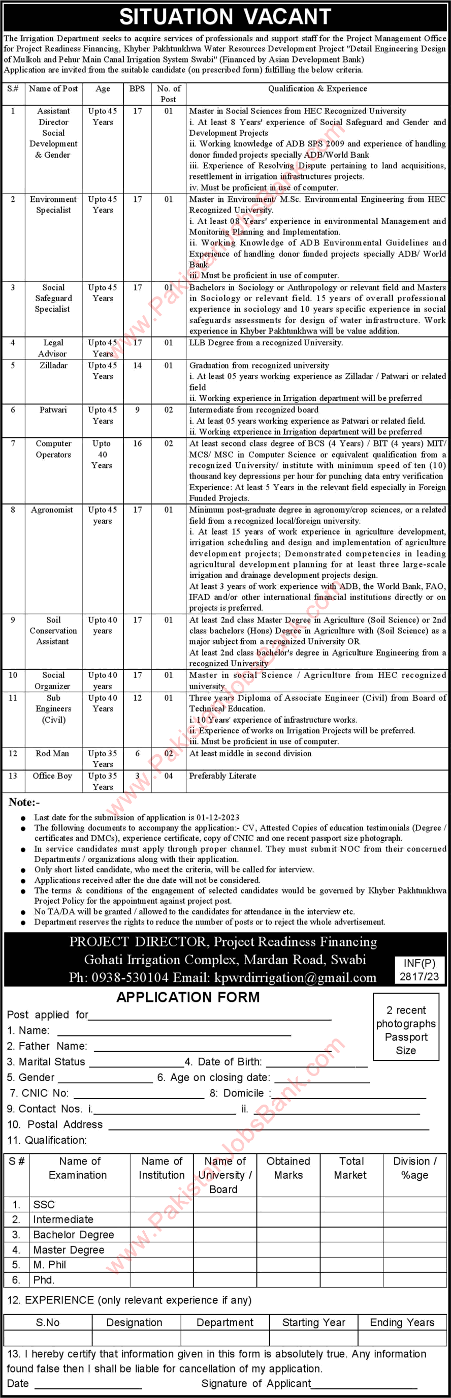 Irrigation Department KPK Jobs November 2023 Swabi Latest