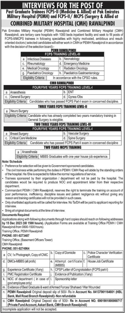 CMH Rawalpindi FCPS / MCPS Postgraduate Training December 2023 Combined Military Hospital PEMH Latest