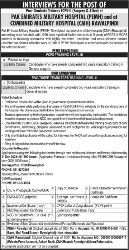 CMH / PEMH Rawalpindi FCPS Postgraduate Training December 2023 Combined Military Hospital Latest