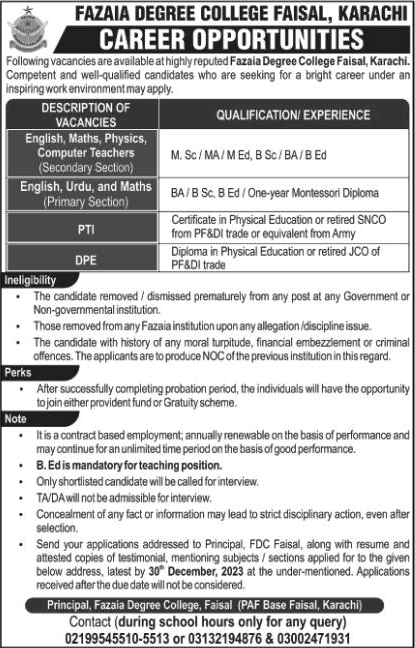 Fazaia Degree College Faisal Karachi Jobs December 2023 / 2024 Teachers, PTI & DPE Latest