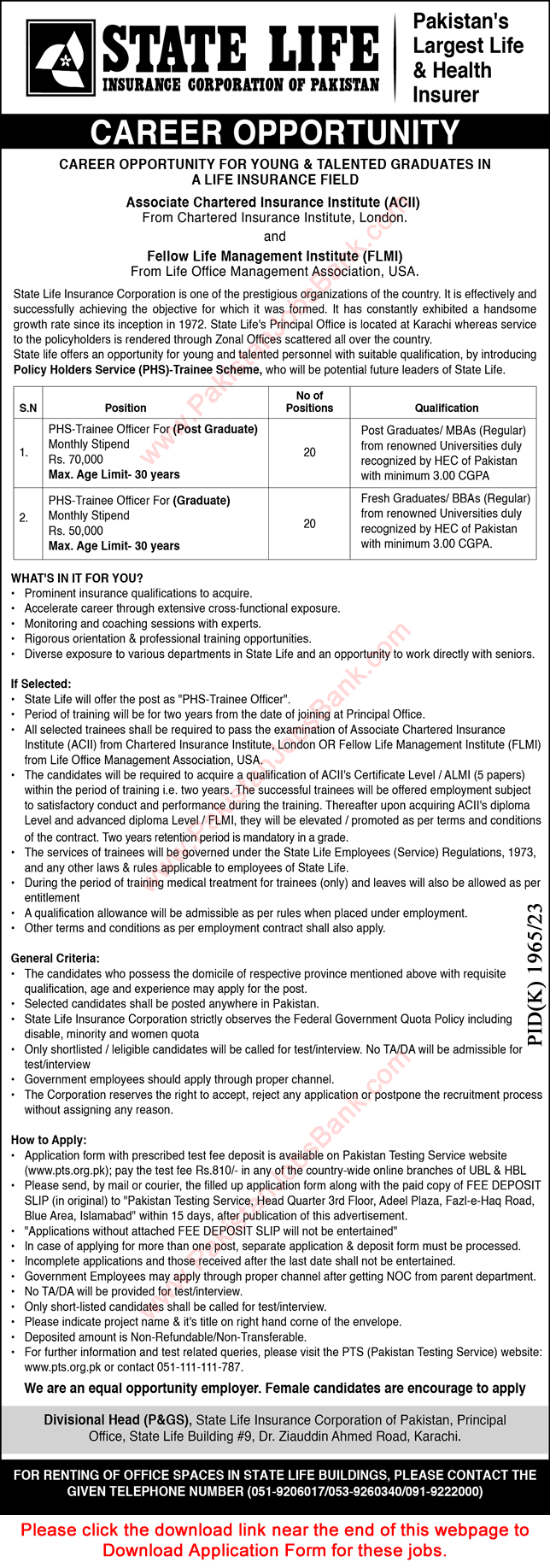 State Life PHS Trainee Scheme 2024 PTS SLIC Jobs Online Application Form Latest