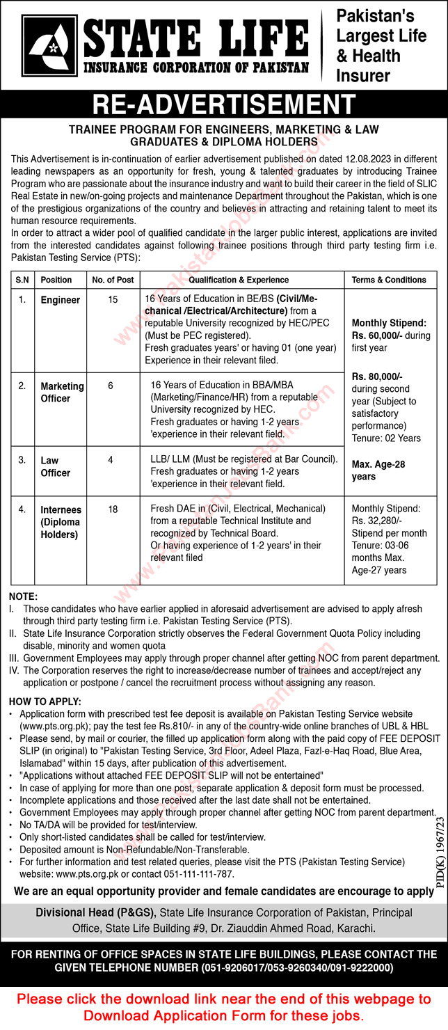 State Life Trainee Program 2024 SLIC Jobs DAE, Engineers, Marketing & Law Graduates PTS Application Form Latest