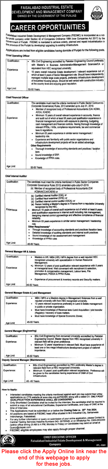 FIEDMC Jobs February 2024 CTS Online Apply Faisalabad Industrial Estate Development and Management Company Latest