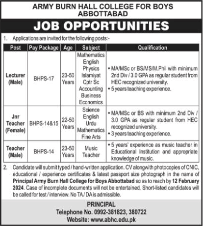 Army Burn Hall College Abbottabad Jobs 2024 February Teachers & Lecturers Latest