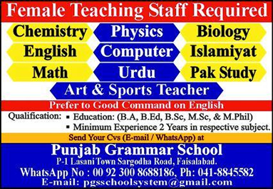 Female Teacher Jobs in Punjab Grammar School Faisalabad 2024 February Latest