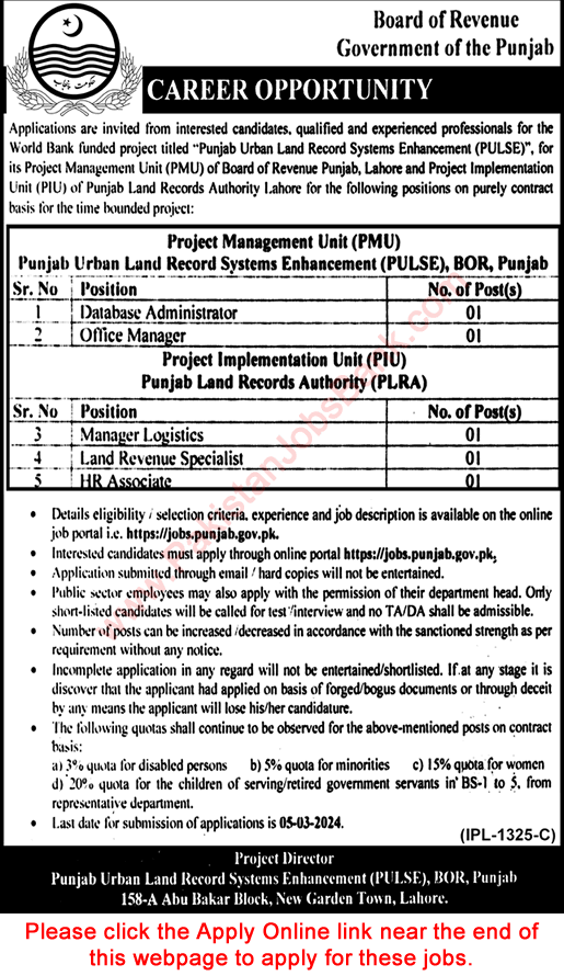 Board of Revenue Punjab Jobs February 2024 Apply Online Office Managers & Others PMU PIU PLRA PULSE Latest