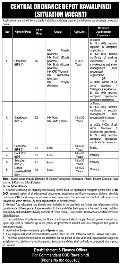 Central Ordnance Depot Rawalpindi Jobs May 2024 Storeman, USM / Labour & Others Pakistan Army Latest