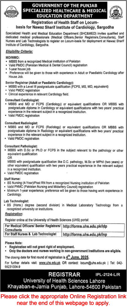 Nawaz Sharif Institute of Cardiology Sargodha Jobs May 2025 June Apply Online Medical Officers, Nurses & Others Latest