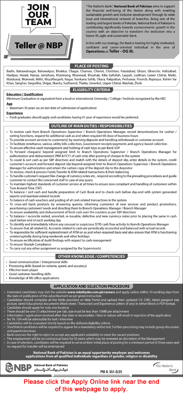 Teller Jobs in National Bank of Pakistan August 2025 Apply Online NBP Cash Officer / Cashier Latest