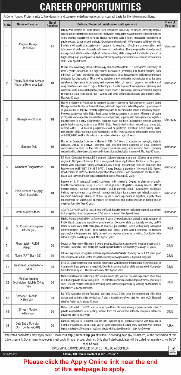 National TB Control Program Jobs September 2025 NTP Apply Online Donor Funded Project Latest