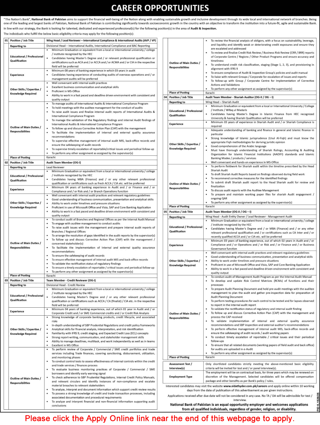 National Bank of Pakistan Jobs November 2025 Apply Online Audit Team Members & Others Latest