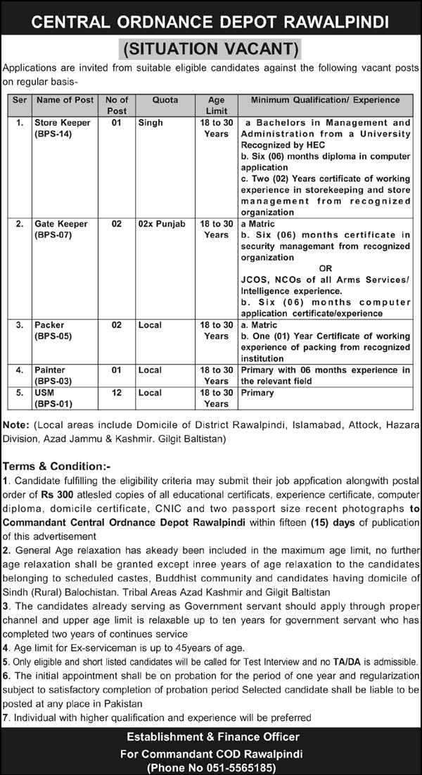 Central Ordnance Depot Rawalpindi Jobs November 2025 Unskilled Manual, Gate Keeper & Other COD Latest