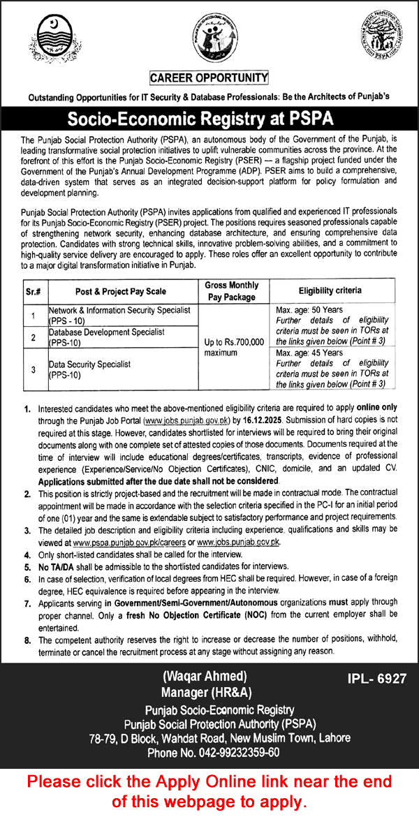Punjab Social Protection Authority Jobs November 2025 December Apply Online Data Security Specialist & Others PSPA Latest