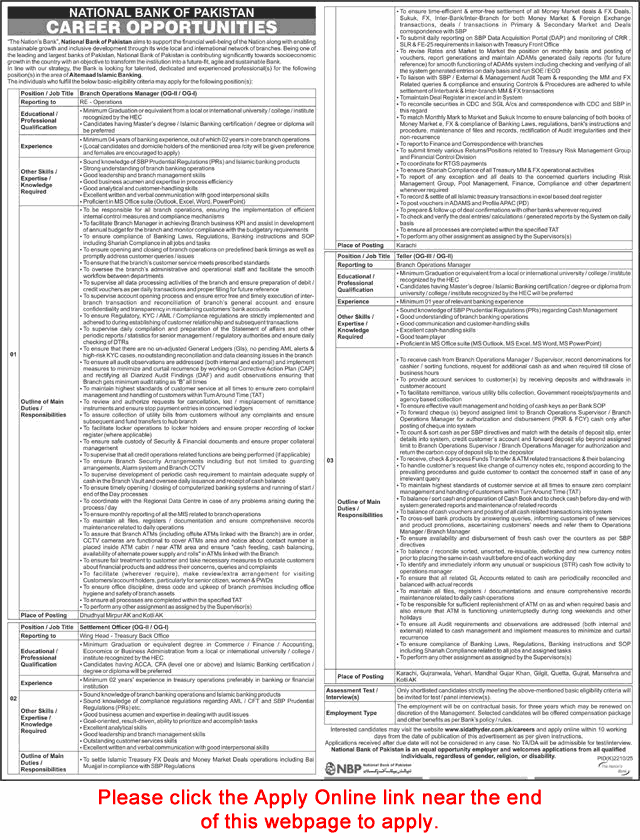 National Bank of Pakistan Jobs December 2025 / 2026 Apply Online Tellers, Branch Operations Managers & Settlement Officer Latest