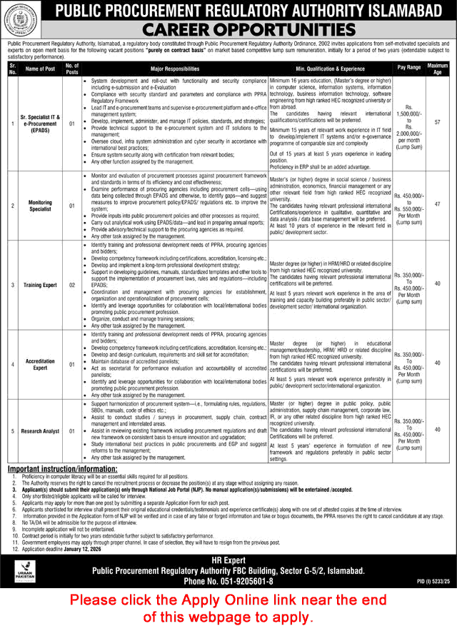 Public Procurement Regulatory Authority Islamabad Jobs December 2025 / 2026 Apply Online PPRA Latest