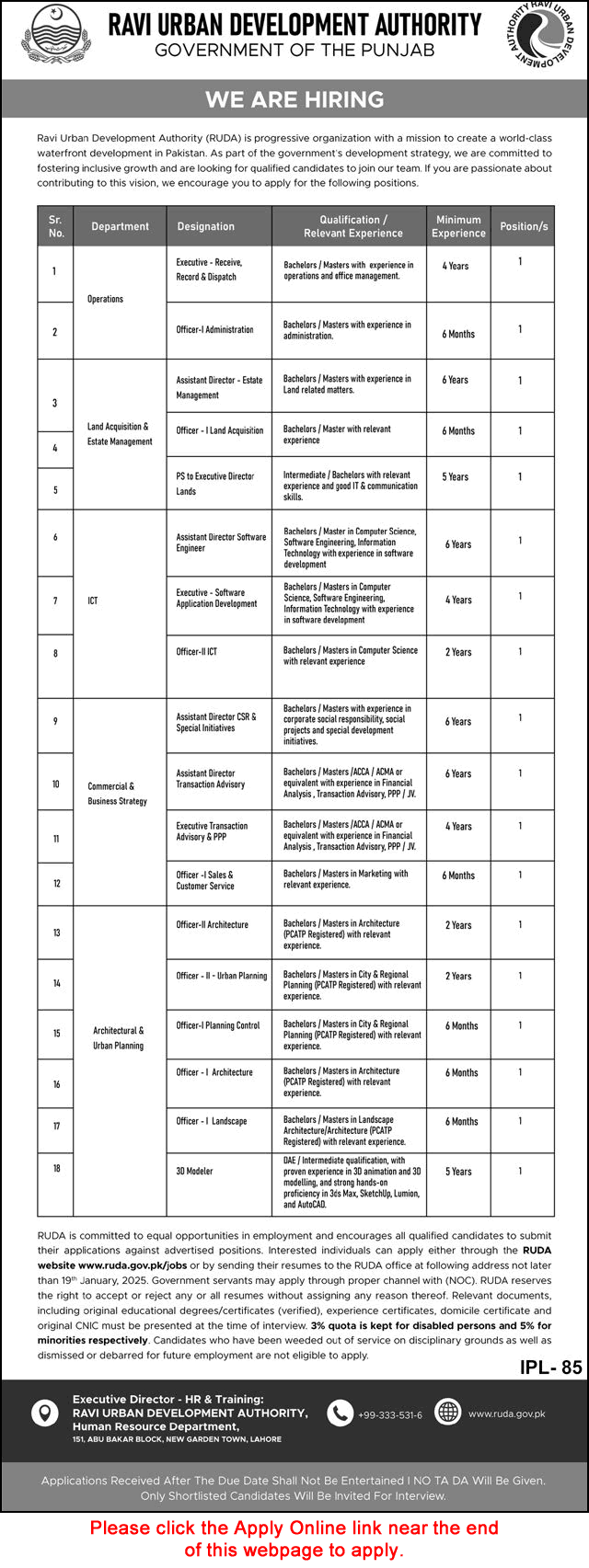 Ravi Urban Development Authority Jobs 2026 RUDA Apply Online Officers, Assistant Directors & Others Latest