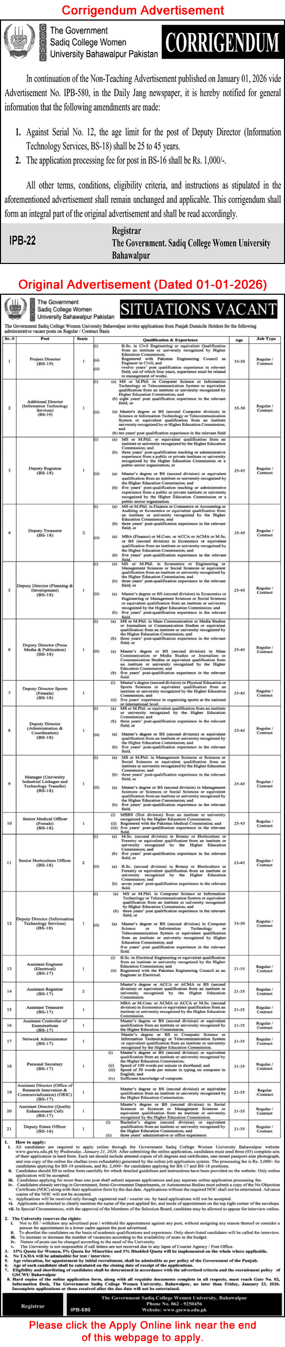 Government Sadiq College Women University Bahawalpur Jobs 2026 Apply Online Horticulture Officers, Deputy Directors & Others Latest