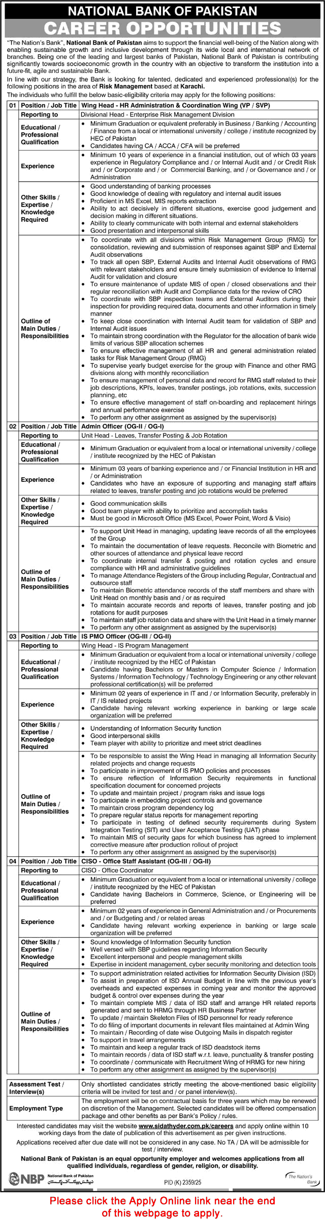 National Bank of Pakistan Jobs 2026 Apply Online Admin Officer, Office Assistant & Others Latest