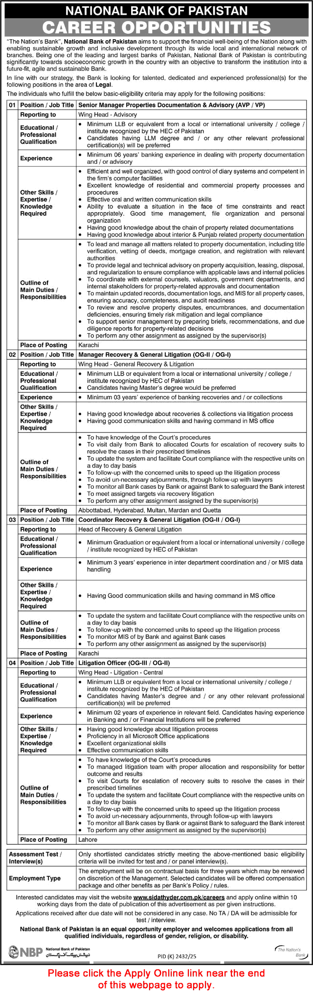 National Bank of Pakistan Jobs 2026 Apply Online Recovery / Litigation Manager & Others NBP Latest