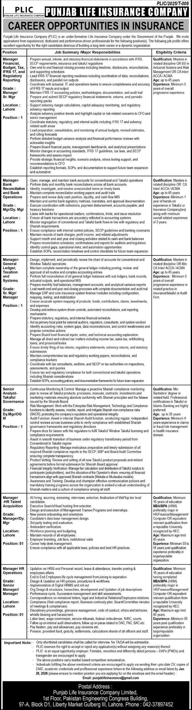 Punjab Life Insurance Company Jobs 2026 Managers & Analyst PLIC Latest