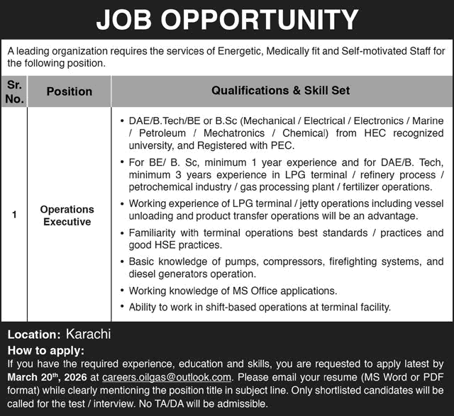 Operations Executive Jobs in Karachi 2026 March Oil and Gas Sector / Organization Latest