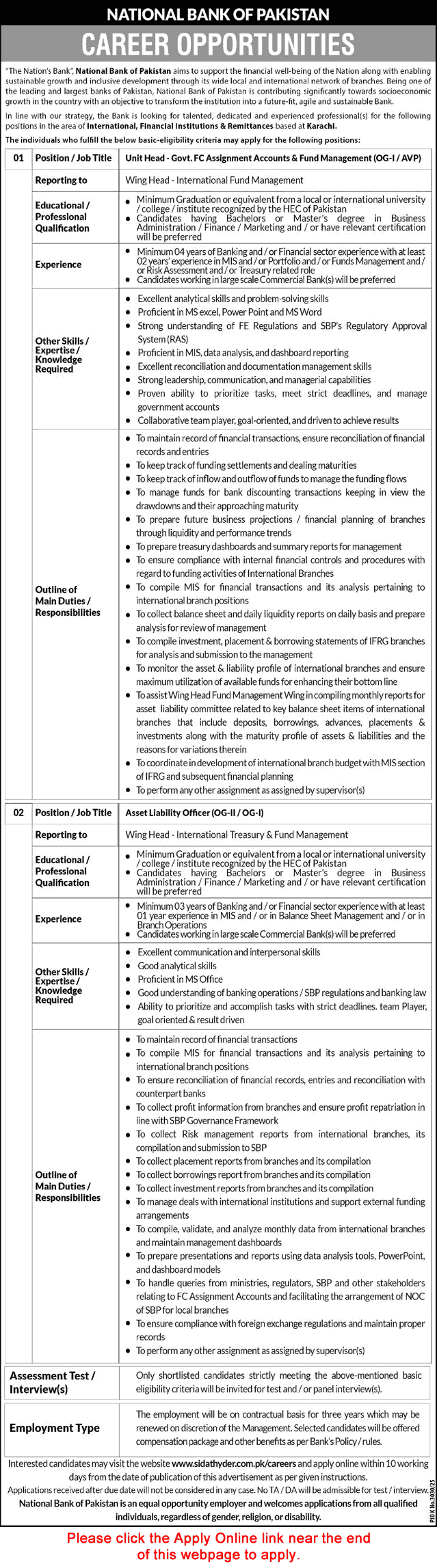 National Bank of Pakistan Jobs March 2026 Apply Online Asset Liability Officer & Unit Head Latest
