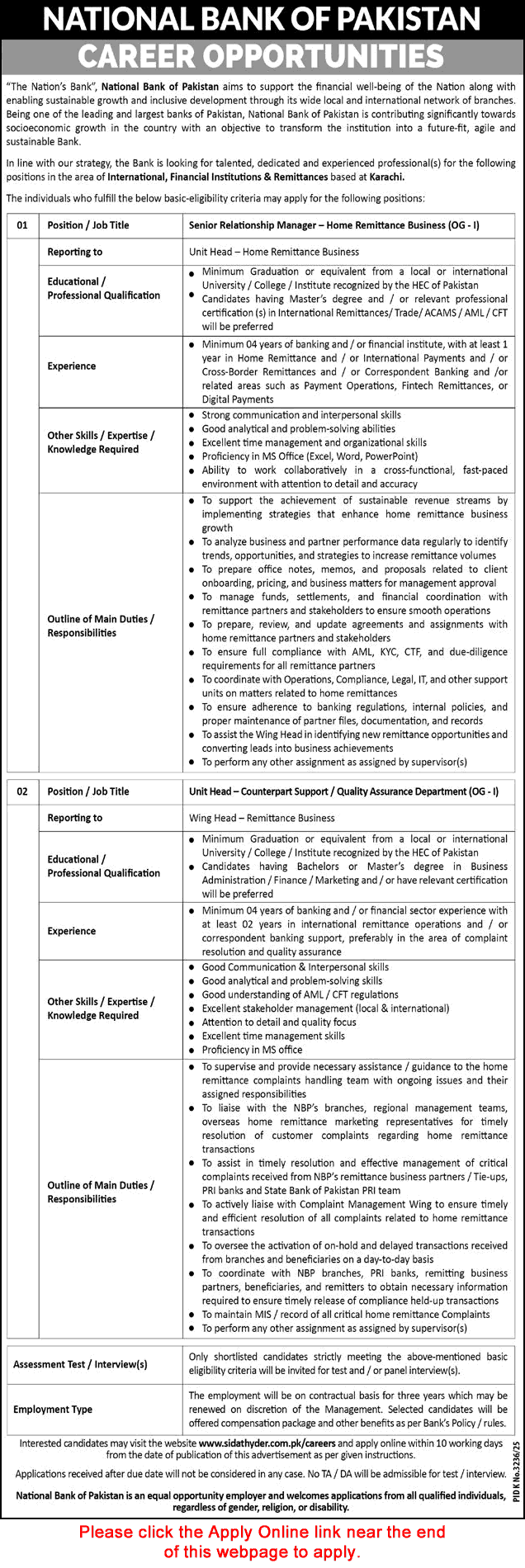 National Bank of Pakistan Jobs April 2026 Apply Online Relationship Managers & Unit Head NBP Latest