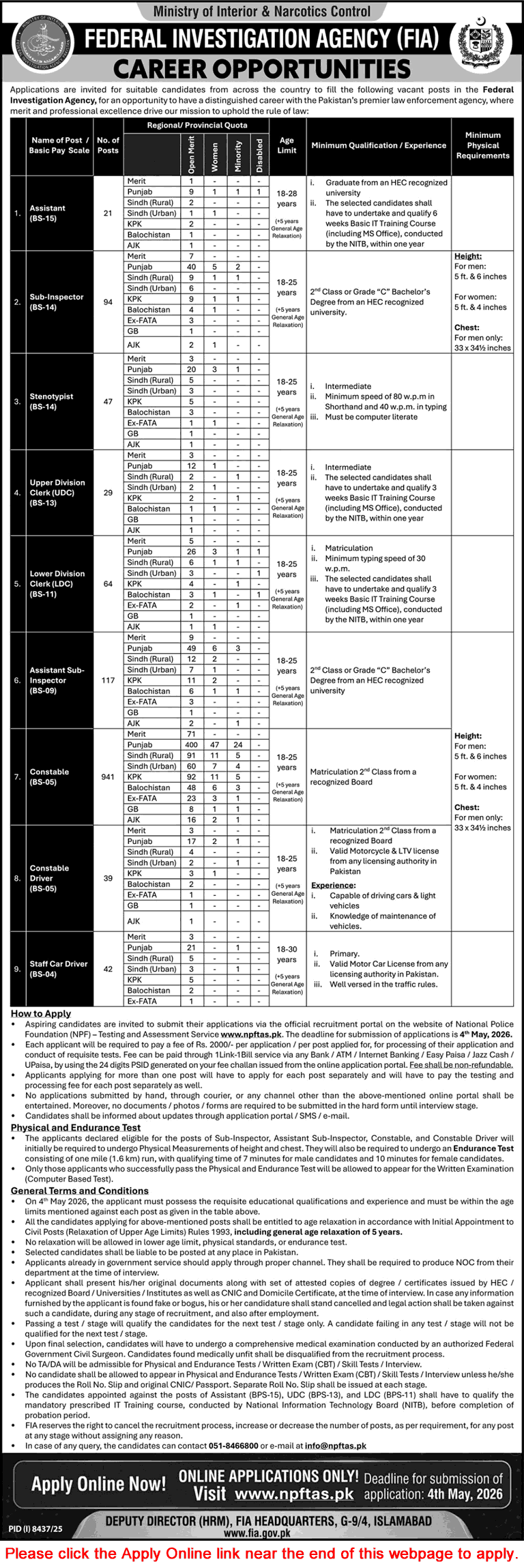 FIA Jobs April 2026 Online Apply Constables, ASI, Sub Inspectors & Others Federal Investigation Agency Latest