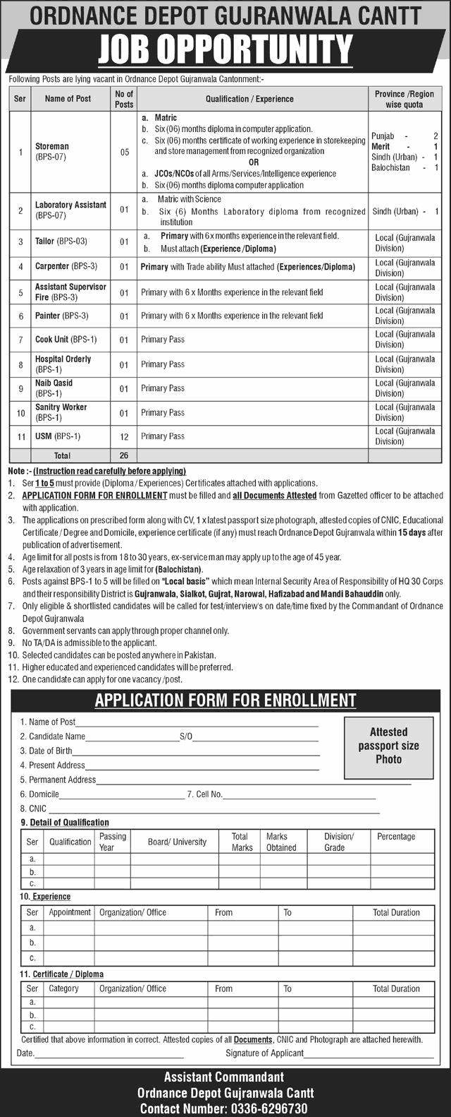 Ordnance Depot Gujranwala Cantt Jobs 2026 April USM Labour, Storeman & Others Pakistan Army Latest