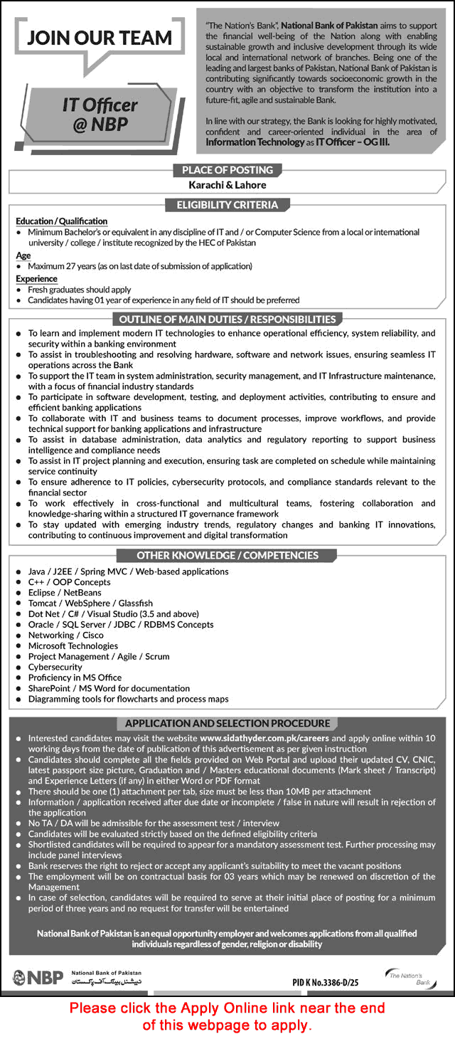 IT Officer Jobs in National Bank of Pakistan April 2026 May Apply Online NBP OG-III Latest
