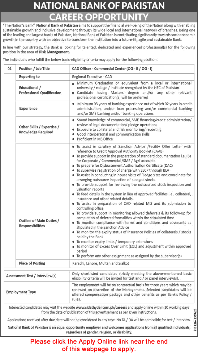 CAD Officer Jobs in National Bank of Pakistan April 2026 May Apply Online NBP Latest