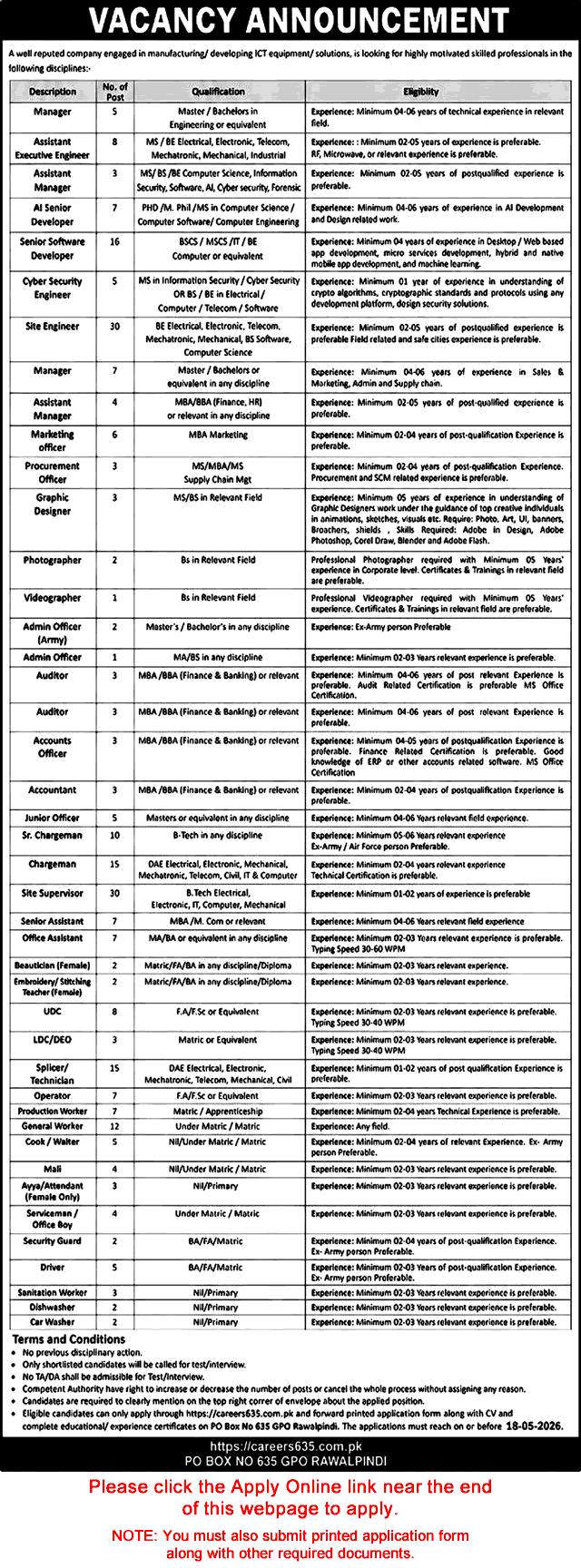 PO Box 635 GPO Rawalpindi Jobs 2026 May Apply Online Software Engineers, Site Engineers & Others Latest